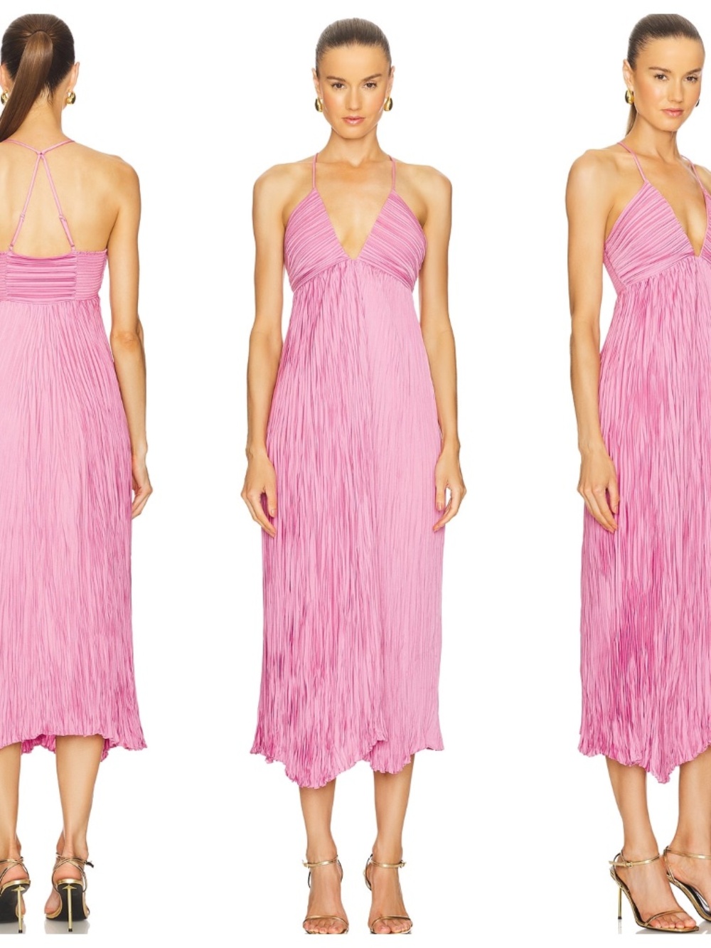 A.L.C. Angelina Plisse Satin Pleated Dress Chateau Rose Pink Halter Midi - 12